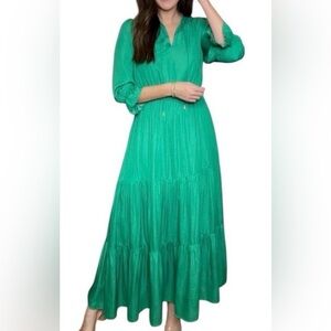 Skies Are Blue Emerald Green Long Sleeve Tiered Maxi Dress